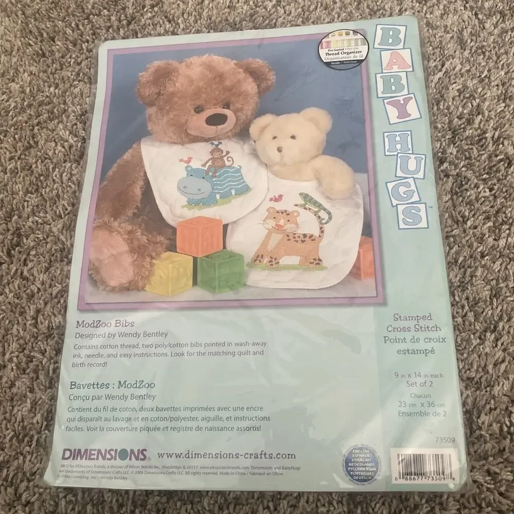 Dimensions ModZoo 2 Baby Bibs Stamped Cross Stitch Jungle Animal Kit 73509 NEW
